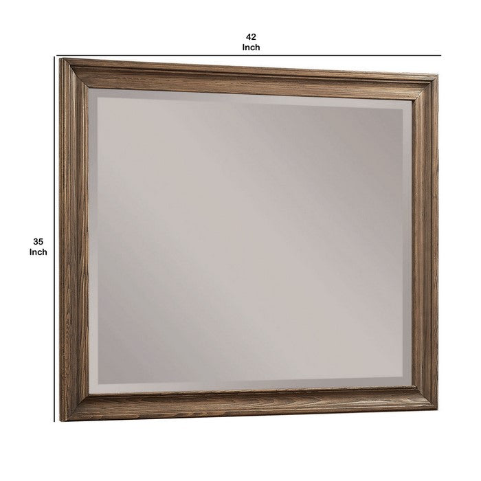 Rectangular Wooden Frame Beveled Mirror, Oak Brown and Silver