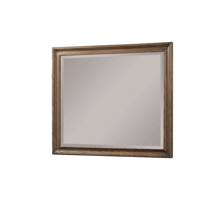 Rectangular Wooden Frame Beveled Mirror, Oak Brown and Silver