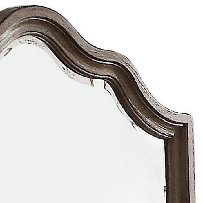 Wooden Rectangular Shape Mirror with Scalloped Top, Brown and Silver