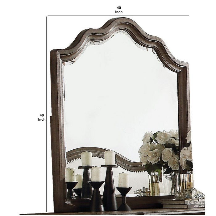 Wooden Rectangular Shape Mirror with Scalloped Top, Brown and Silver