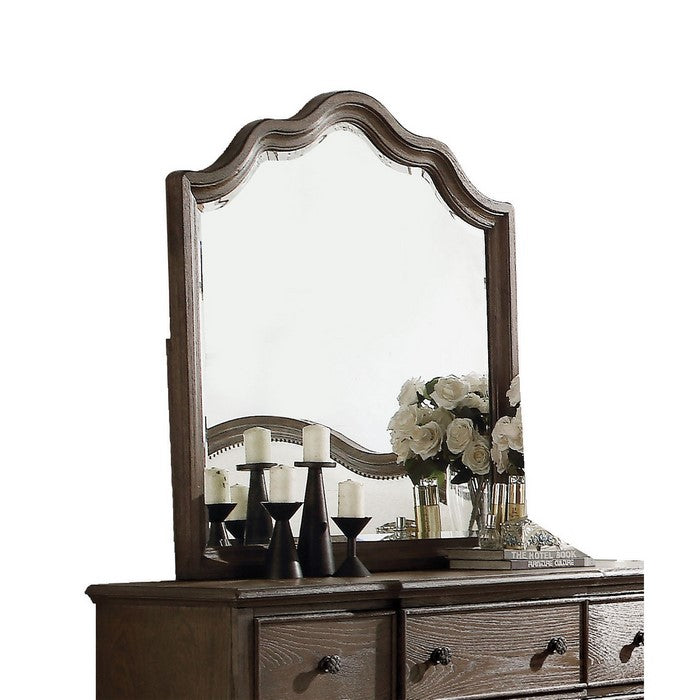 Wooden Rectangular Shape Mirror with Scalloped Top, Brown and Silver