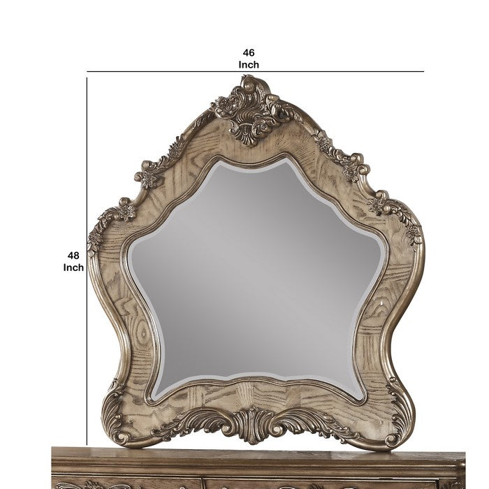 Wooden Mirror with Scrollwork Crown and Trim Details, Brown and Silver