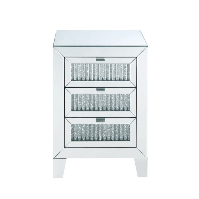 Contemporary Style Wooden Mirrored Night Table with 3 Drawers, Silver