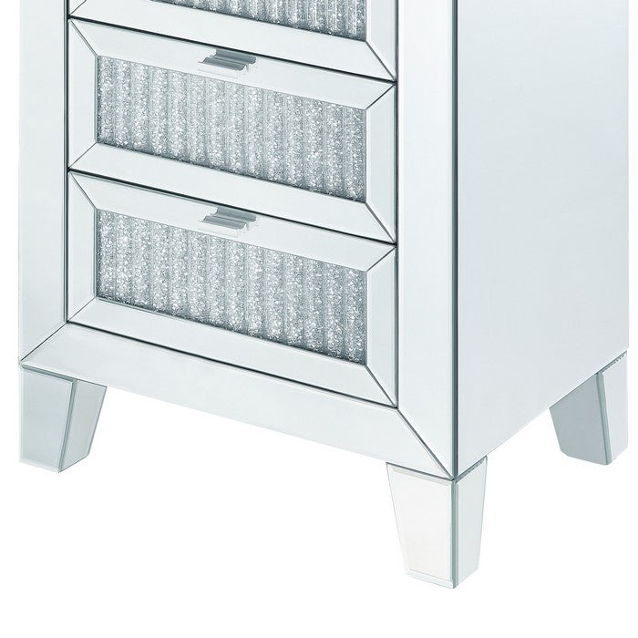 Contemporary Style Wooden Mirrored Night Table with 3 Drawers, Silver