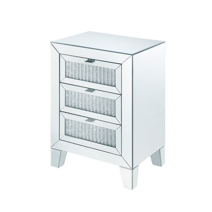 Contemporary Style Wooden Mirrored Night Table with 3 Drawers, Silver