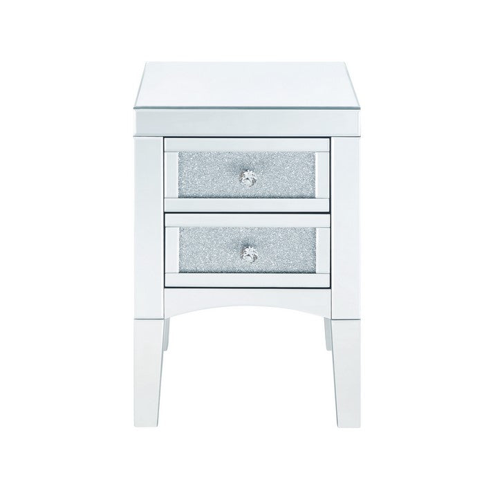 Wooden Night Table with 2 Spacious Drawers and Tapered Legs, Silver