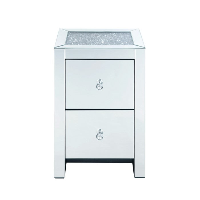 Rectangular Wooden Night Table with Glass Top and 2 Drawers, Silver