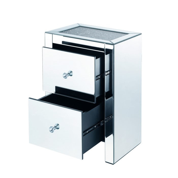 Rectangular Wooden Night Table with Glass Top and 2 Drawers, Silver