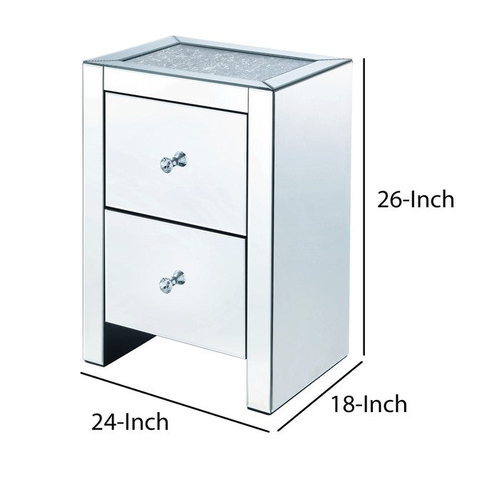 Rectangular Wooden Night Table with Glass Top and 2 Drawers, Silver