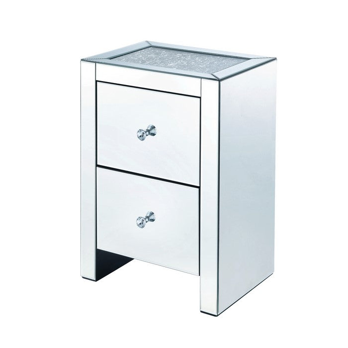 Rectangular Wooden Night Table with Glass Top and 2 Drawers, Silver