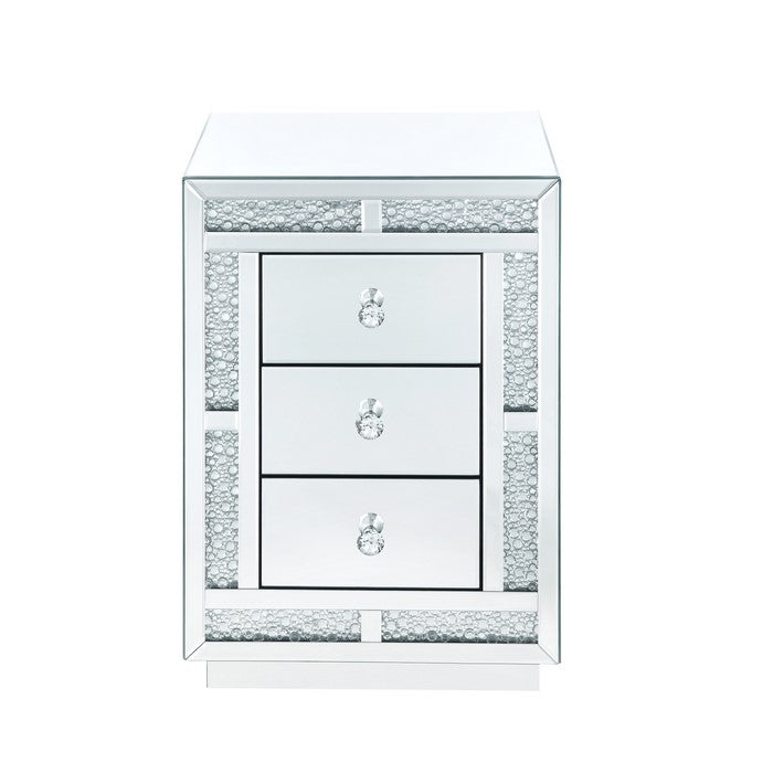 Mirrored Wooden Night Table with Flat Base and 3 Drawers, Silver