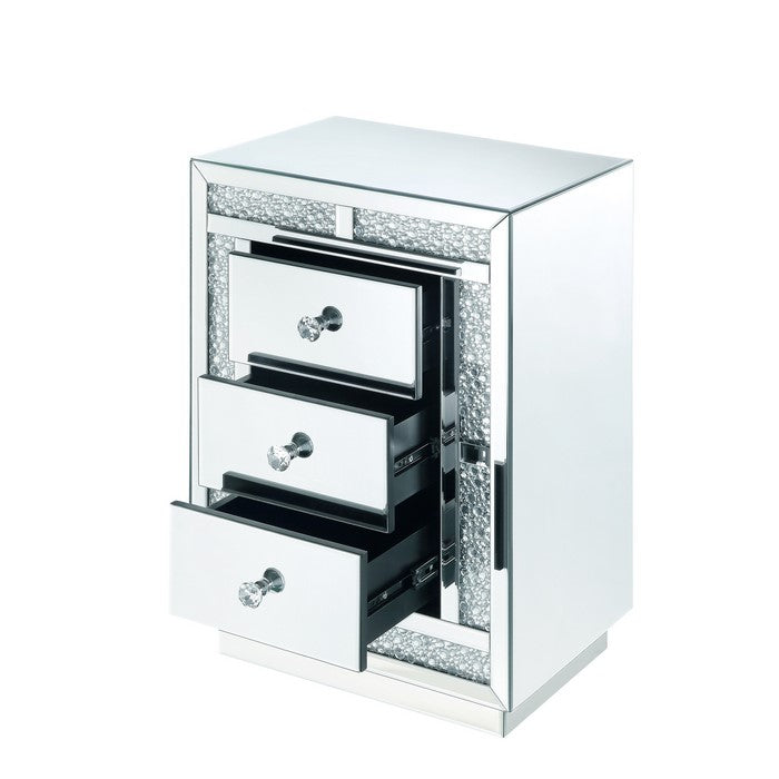 Mirrored Wooden Night Table with Flat Base and 3 Drawers, Silver
