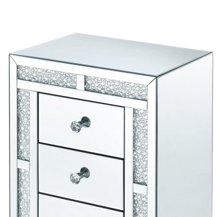Mirrored Wooden Night Table with Flat Base and 3 Drawers, Silver
