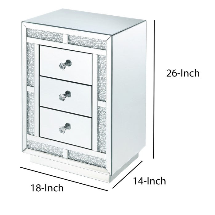 Mirrored Wooden Night Table with Flat Base and 3 Drawers, Silver