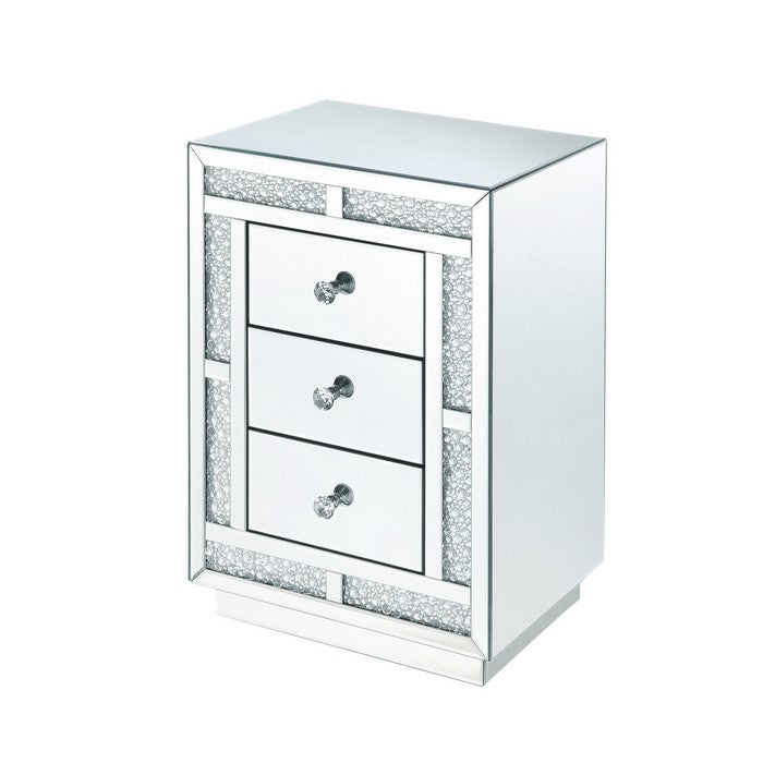 Mirrored Wooden Night Table with Flat Base and 3 Drawers, Silver