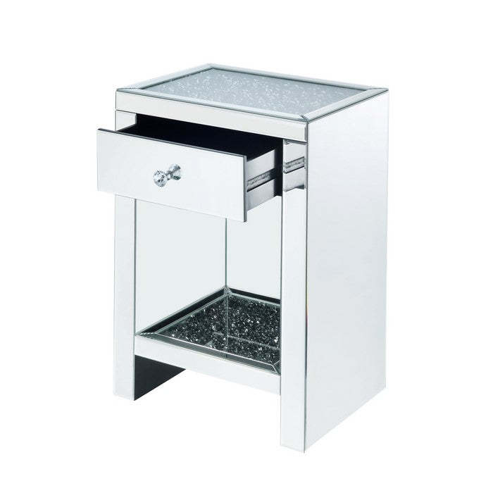 Mirrored Wooden Night Table with 1 Drawer and Bottom Shelf, Silver