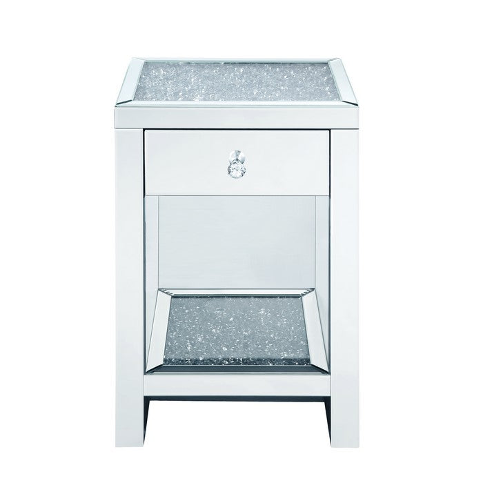 Mirrored Wooden Night Table with 1 Drawer and Bottom Shelf, Silver
