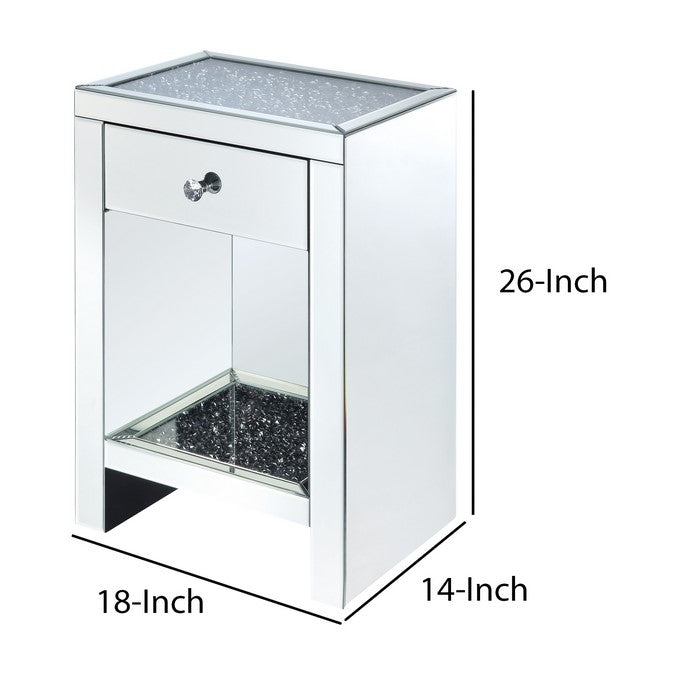 Mirrored Wooden Night Table with 1 Drawer and Bottom Shelf, Silver