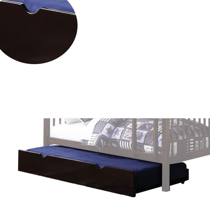 Wooden Twin Trundle with Caster Wheels and Cut Out Handle, Dark Brown