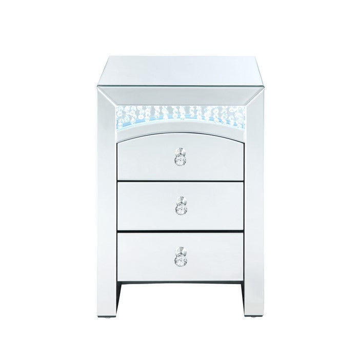 Mirrored Wooden Night Table with 3 Storage Drawers and Knobs, Silver
