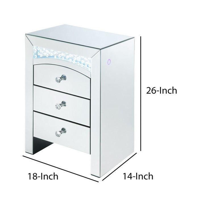 Mirrored Wooden Night Table with 3 Storage Drawers and Knobs, Silver