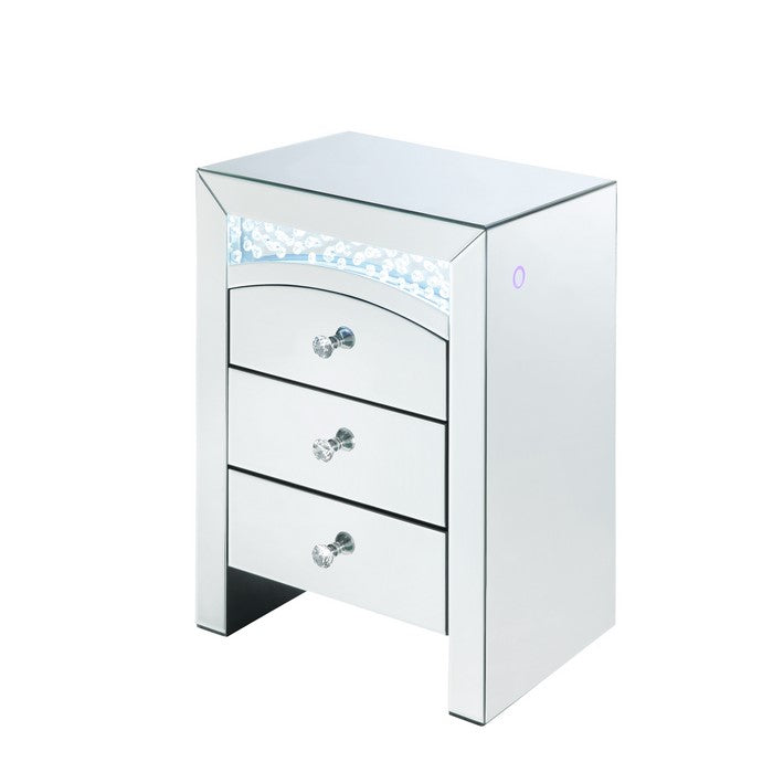 Mirrored Wooden Night Table with 3 Storage Drawers and Knobs, Silver