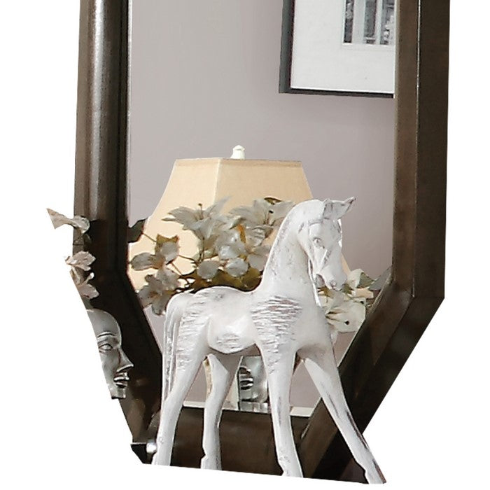 Octagonal Transitional Style Beveled Wooden Mirror, Brown and Silver