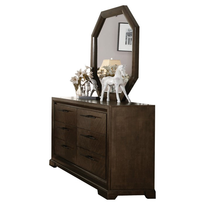 Octagonal Transitional Style Beveled Wooden Mirror, Brown and Silver