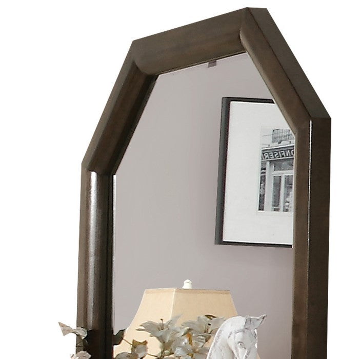 Octagonal Transitional Style Beveled Wooden Mirror, Brown and Silver