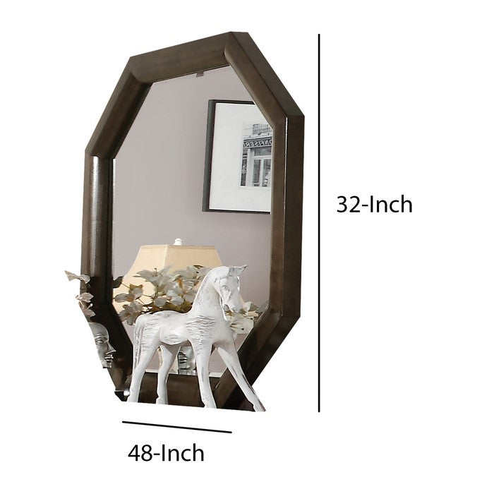 Octagonal Transitional Style Beveled Wooden Mirror, Brown and Silver