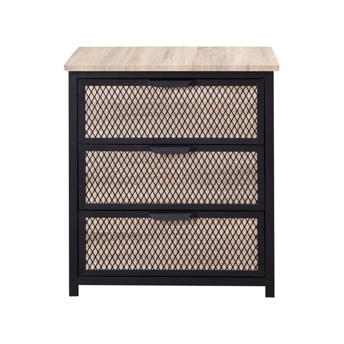 Wooden Top Metal Nightstand with 3 Spacious Drawer, Black and Gray