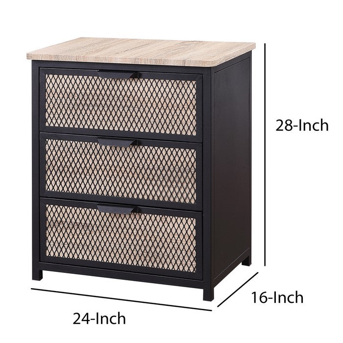 Wooden Top Metal Nightstand with 3 Spacious Drawer, Black and Gray