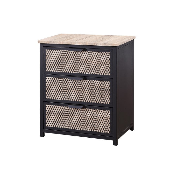 Wooden Top Metal Nightstand with 3 Spacious Drawer, Black and Gray
