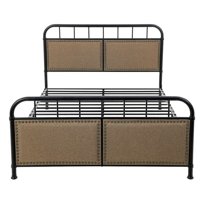 Metal Queen Bed Frame with Fabric Upholstered Headboard, Beige and Black