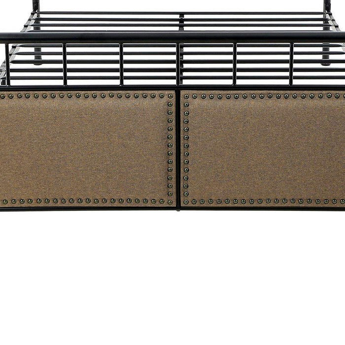Metal Queen Bed Frame with Fabric Upholstered Headboard, Beige and Black