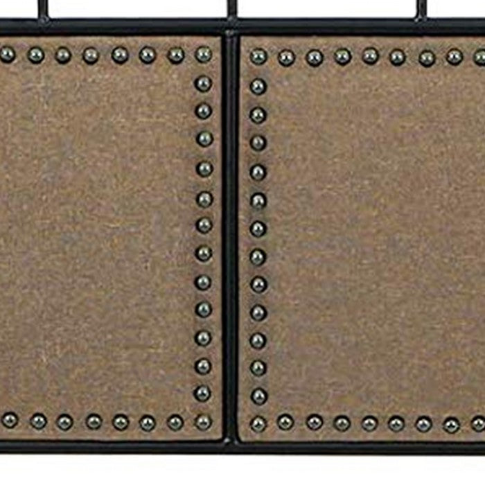 Metal Queen Bed Frame with Fabric Upholstered Headboard, Beige and Black