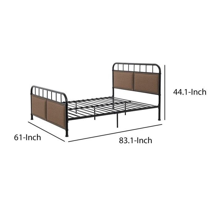 Metal Queen Bed Frame with Fabric Upholstered Headboard, Beige and Black