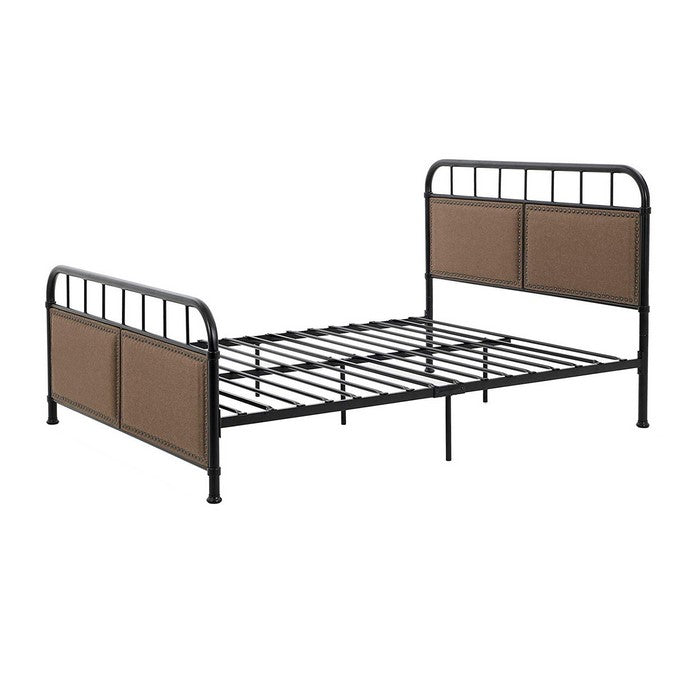 Metal Queen Bed Frame with Fabric Upholstered Headboard, Beige and Black