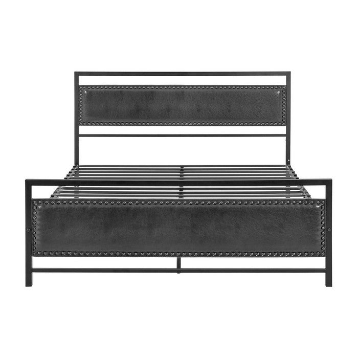 Metal Queen Bed Frame with Faux Leather Upholstered Headboard, Black