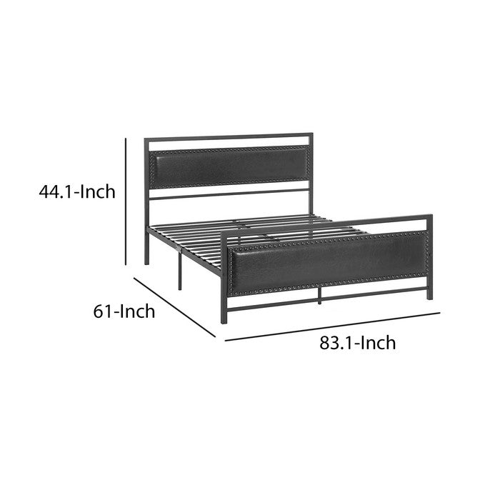 Metal Queen Bed Frame with Faux Leather Upholstered Headboard, Black
