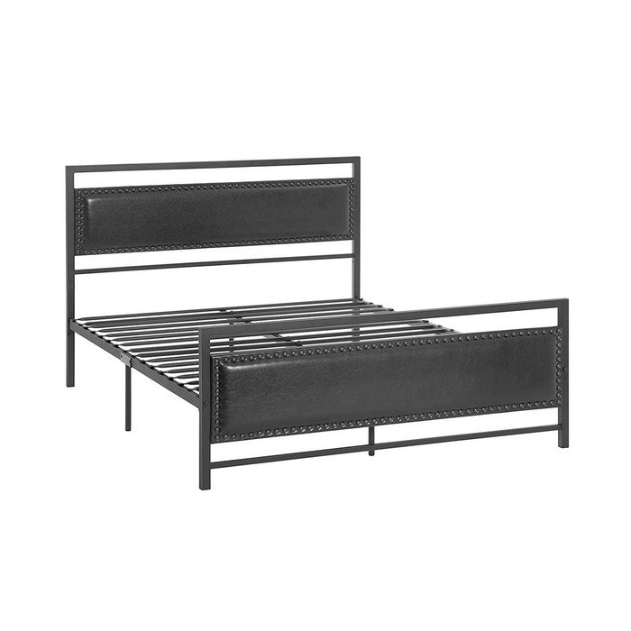 Metal Queen Bed Frame with Faux Leather Upholstered Headboard, Black