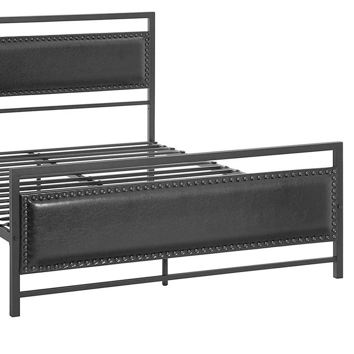 Metal Full Bed Frame with Faux Leather Upholstered Headboard, Black