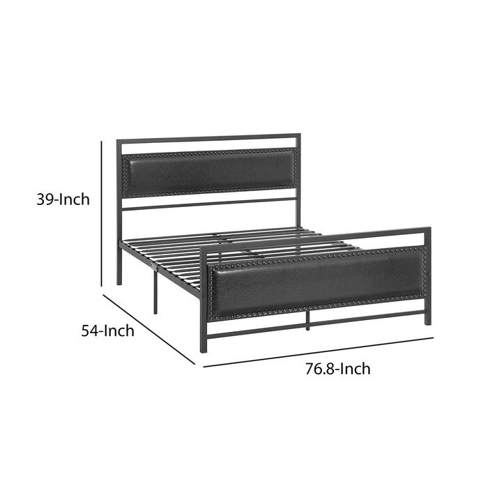 Metal Full Bed Frame with Faux Leather Upholstered Headboard, Black