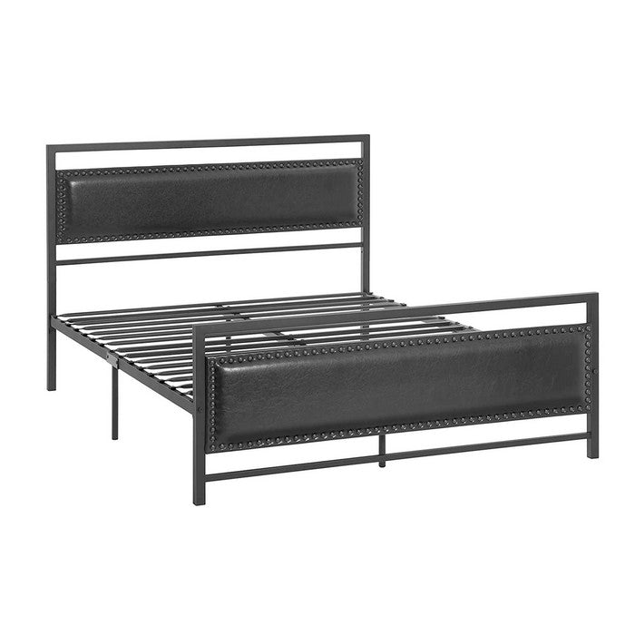 Metal Full Bed Frame with Faux Leather Upholstered Headboard, Black