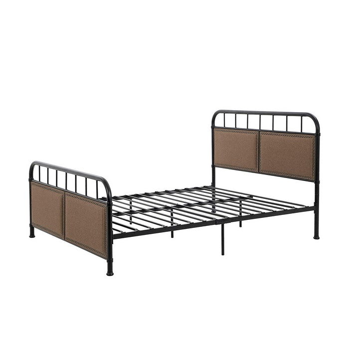 Metal Full Size Bed Frame with Fabric Upholstered Headboard, Beige and Black