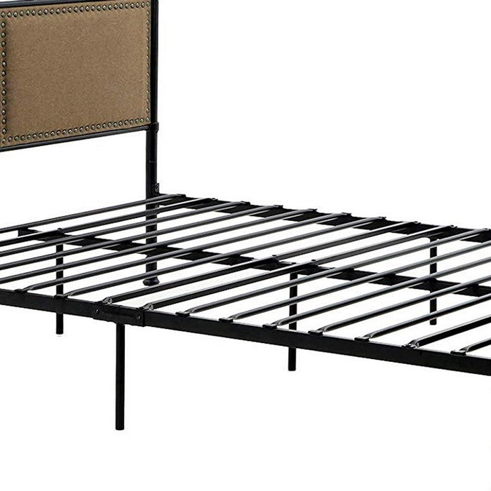 Metal Full Size Bed Frame with Fabric Upholstered Headboard, Beige and Black