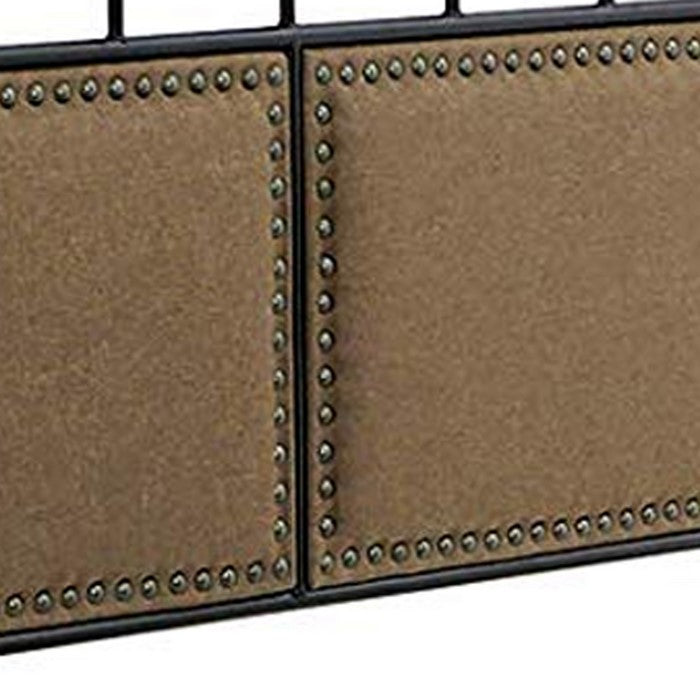 Metal Full Size Bed Frame with Fabric Upholstered Headboard, Beige and Black