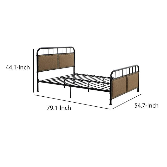 Metal Full Size Bed Frame with Fabric Upholstered Headboard, Beige and Black
