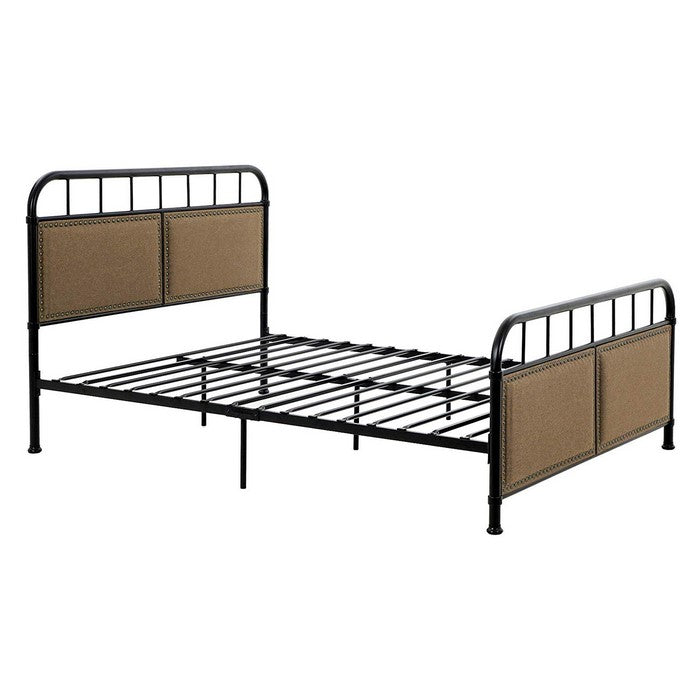 Metal Full Size Bed Frame with Fabric Upholstered Headboard, Beige and Black