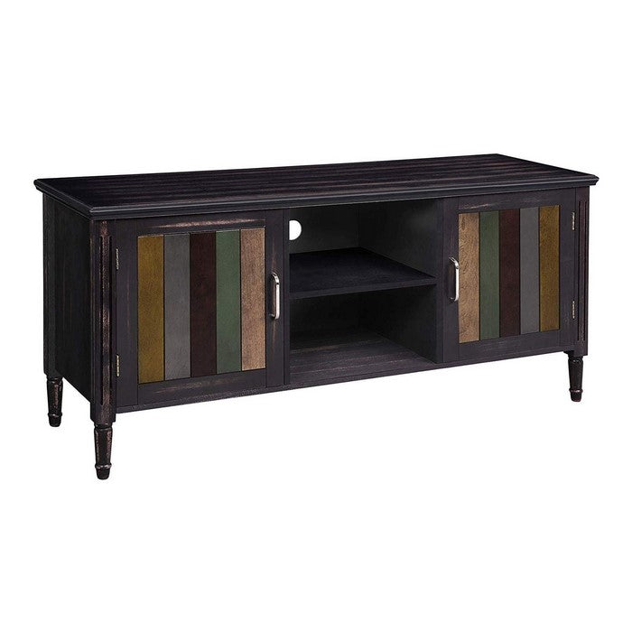 Panelled Wooden TV Cabinet with 2 Doors and 2 Open Compartments, Multicolor